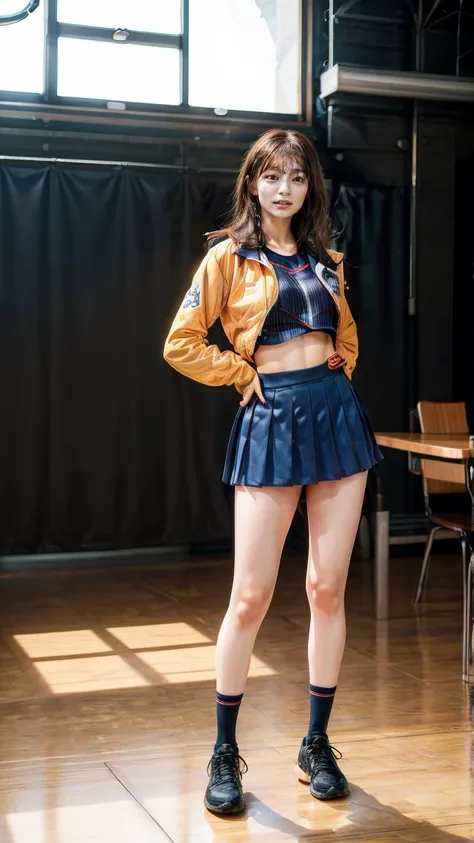 A beautiful young Japanese woman, 20 years old, with perfect anatomy, healthy thighs, beautiful feet, flawless skin, random hair color and style, large bust, (she is standing:1.2), wearing a cheerleader uniform with micro-pleated miniskirt, in a full body ...