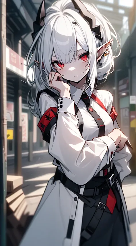 ((( top quality， high definition ，8k， Fair-skinned girl ， top quality)))，(White Hair:1.2)，(poneyTail:1.3)，( red eyes:1.2)，(Elf Ears:1.3)，( white shirt:1.5)、Place your hands on your hips、 black mask 