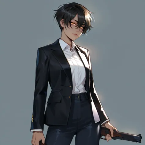 maturemalemixgirl, tomboy, tanned, short hair, black hair, gold eyes, perfect lighting, upperbody, extremaly detailed eyes, simple background, neutral face, white shirt black jacket, black pants, holding a gun, masterpiece, ratatatat74, tatto under eye, cr...