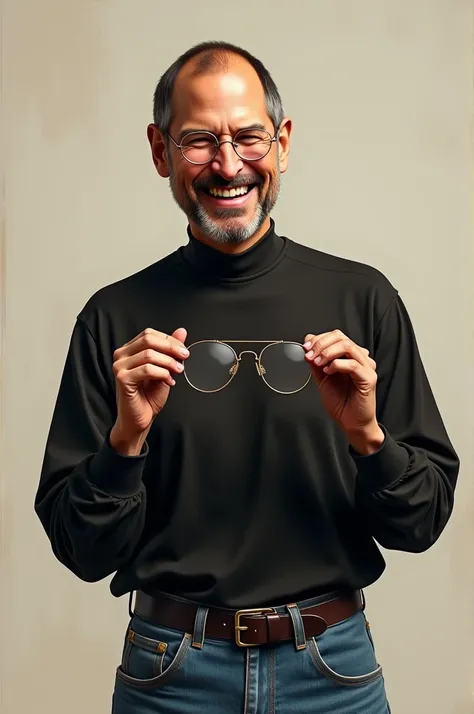 Steve Jobs laughing at the glasses,  front photo, photograph ,Realistic Painting Style