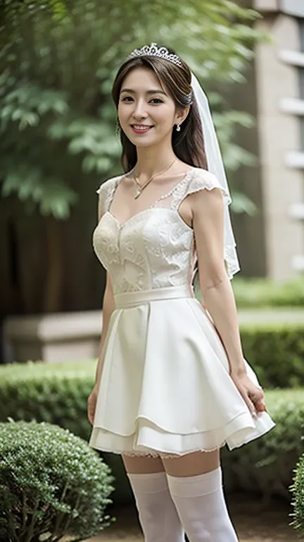 full body shot, from below,  japanese mature, 68 years old,  detailed face , smile,  Detailed Skin Textures ,  white skin,  long hair, (earrings,  necklace, wedding dress, ballerina, tiara, wedding veil, Flared skirt,  miniskirt:1.2), (thighhighs,  is wear...