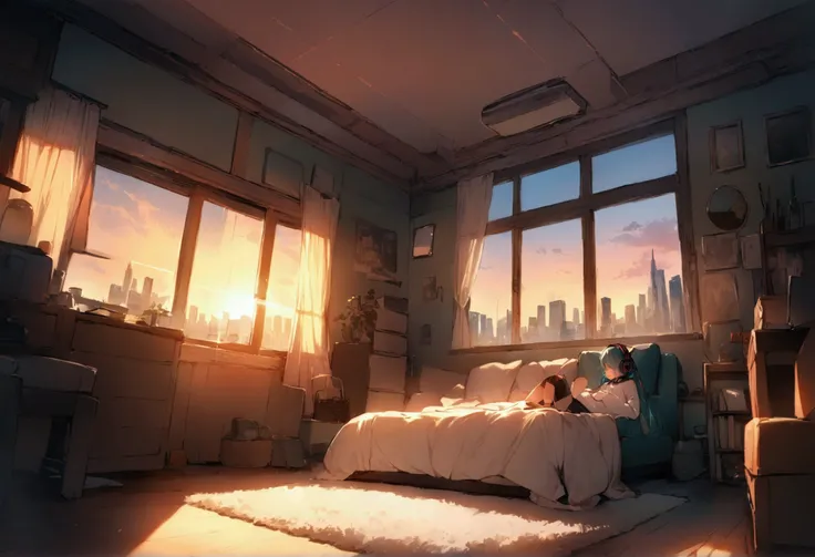 (豊かな胸),((Best Quality)), (masterpiece), wide-angle view of a cozy, bright room during golden hour. Hatsune Miku sits by the window, wearing headphones, with teal twin tails and a serene expression. Warm sunlight streams through the window, casting a soft g...