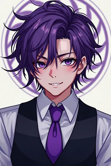 man,  25 years, black eyes, tender look, purple hair , messy hair, wavy hair ,smiling,dark eyes,camisa blanca,  black vest,purple tie,wide tie - 8k, Detailed features ,very handsome,lineart, beautiful,magical,Mystic,psychedelic,fancy,ethereal,graphic novel...