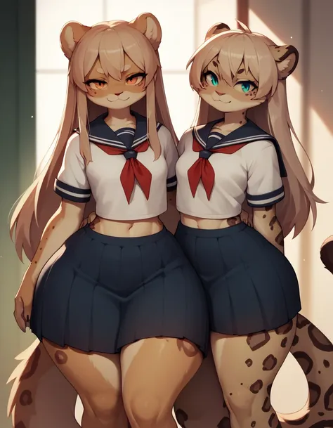 Leopard furry sexy hot women, (small breasts)very long gigantic legs, (very wide gigantic hips gigantic ass)school uniform in the school,