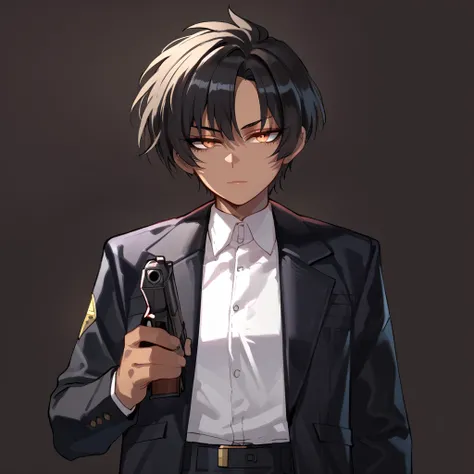 girl, tomboy, tanned, short hair, black hair, gold eyes, perfect lighting, upperbody, extremaly detailed eyes, simple background, neutral face, white shirt black jacket, black pants, holding a gun, masterpiece, ratatatat74, tatto under eye, cross tatto, ai...