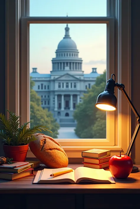  colorful still life alluding to teaching and education with bread, books, pencil, lamp, Red apple and a window overlooking a dome 