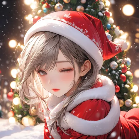  RAW photos :1.2, masterpiece,  top quality, 16k,  unbelievably absurd,  very detailed,  perfect beauty,  beautiful cute girls , snow, snow景色,  vibrant colors、Fleeting、quiet、Im closing my eyes 。 is facing sideways。I am looking down。、 Christmas tree、Santa c...