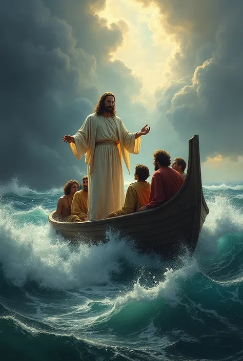 Jesus Christ calming the storm in aboat with his disciples sitting by