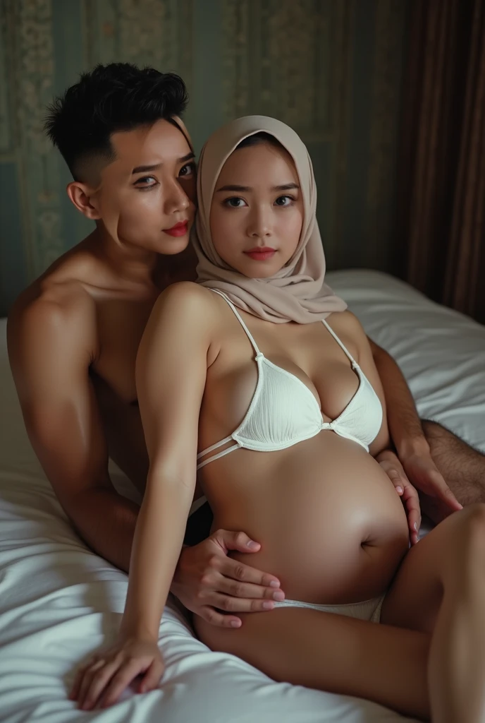 30 year old pregnant woman (hijab, white bikini), milf vibe, Malaysian, she is lying down with her body slightly turned to the side, and one handsome Malaysian guy spooning her from behind. She is looking directly at the camera (background inside the bedro...