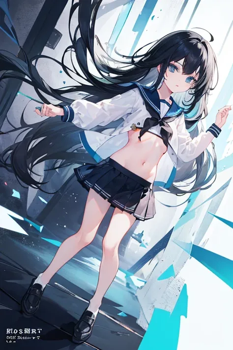 (( top quality)), ((  Masterpiece )), (  Details)
1Girl
(((BLACK long hair BLUE inner hair)))
blue eyes
Highlight off eyes
(((flat chest)))
Front cover
sailor uniform
slender、full BODY