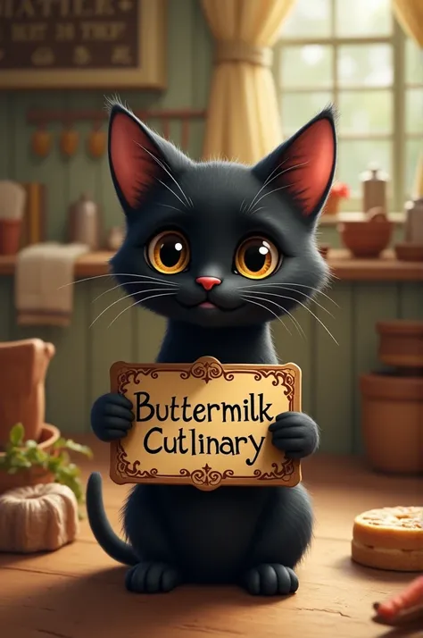 Little black cat holding plaques with the inscription JULIA ANNA BUTTERMILK CULINARY