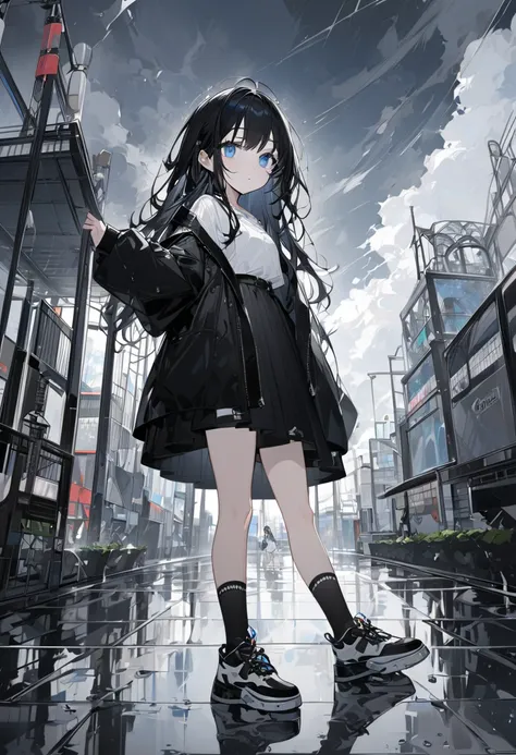  long black hair　white mesh on the right side of the hair　 pretty girl　 is cool　Thin waist　 beautiful feet　Blue Eyes　Black jacket　 white blouse　 black skirt　 black sneakers 　White socks　　168cm　Break　amusement park　bad weather　 cloudy sky