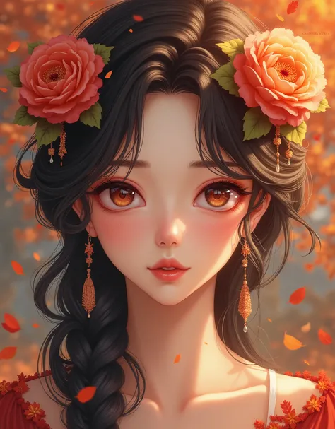 a woman with flowers in her hair, stunning anime face portrait, beautiful autumn spirit, beautiful anime portrait, beautiful detailed background, beautiful fantasy art portrait, beautiful wallpaper, beautiful fantasy portrait, beautiful iphone wallpaper, b...