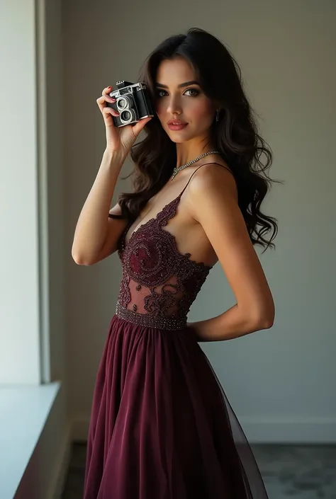 Create me a beautiful brunette woman taking a photo for a fashion show with an elegant dress ( Very Realistic )