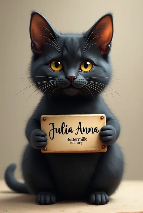 Little black cat holding plaques with the inscription JULIA ANNA BUTTERMILK CULINARY, realistic