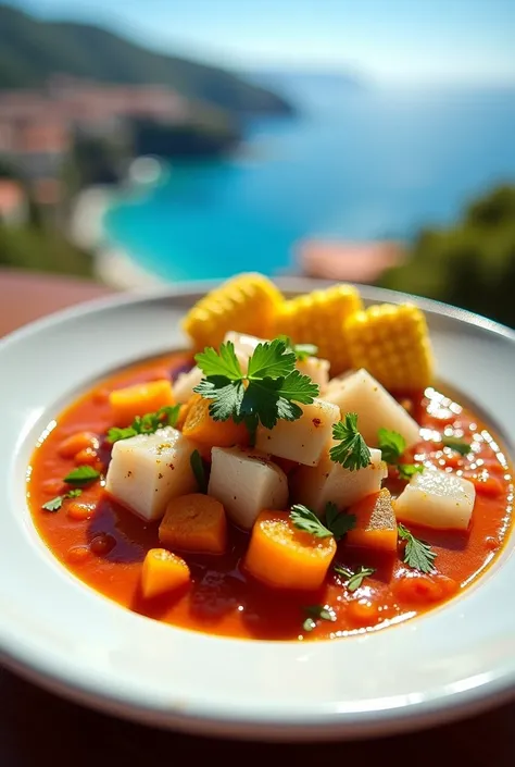 "Please,  draws a Peruvian ceviche .  fresh pieces of fish marinated in a citrus sauce,  accompanied by sliced onion ,  green chili pepper and coriander .  The ceviche is served on a white plate ,  surrounded by hot chili sauce  (Peruvian sauce )  accompan...