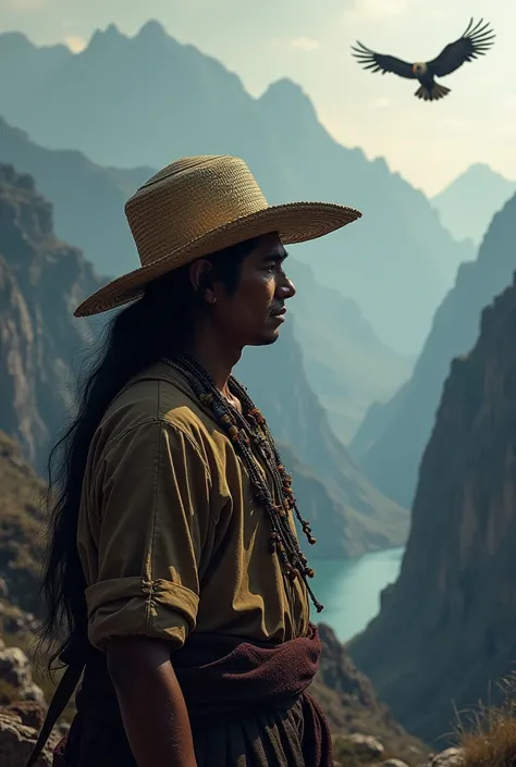  Create a cover for a book:   An indigenous Peruvian in profile ,  wearing a traditional hat and Andean clothing ,  looking at the horizon.  You could represent his face in a gloomy way,  while the background shows the Peruvian mountains ,  possibly with a...