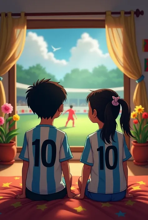 A boy and a girl wearing number 10 jerseys of Argentina are watching Manik and Manika play football at home, there are Bangladeshi flags and flowers on the walls of the house