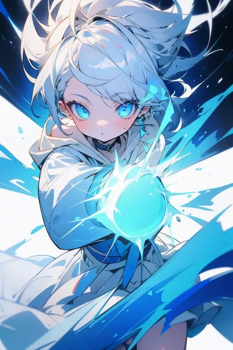  blue eyes,  White hair up to the waist ,  The tips of the head have a light blue gradation ,  The top of the shoulder is blue and the bottom of the shoulder is white hoodie, Girl wearing a light blue skirt 