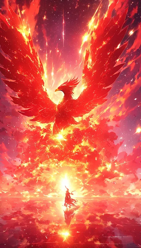  spectacular phoenix illustration、masterpiece,  Concept Art ,   knight , (meteor),  space galaxy background , (  epic scale),, Red color,Pale landscape ,, Little bit of reflected light , 8k,  more,  top quality,Pale white sparkle 、 spectacular background s...