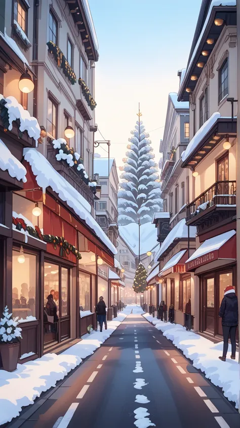 Aerial architecture, street scene, snow, warm yellow lights, a Christmas tree and some pedestrians