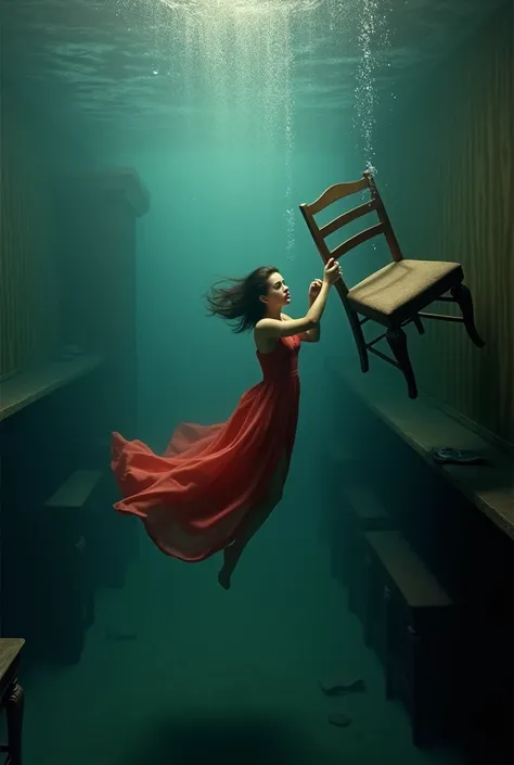 A woman in a light red dress swims underwater in a totally flooded apartment were she grab a chair, looking nostalgic