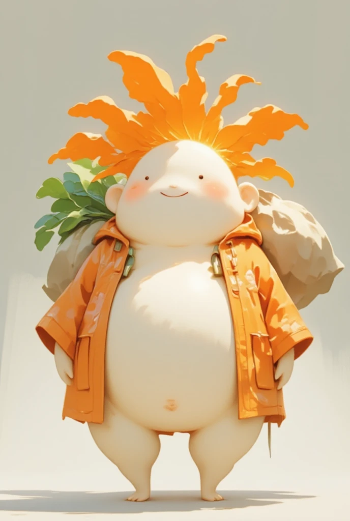 A daikon character figurine like Hotei, Chubby, potbelly, rounded face, sitting with crossed legs, wearing a bright orange crested coat with front open and carrying a large bag on his back