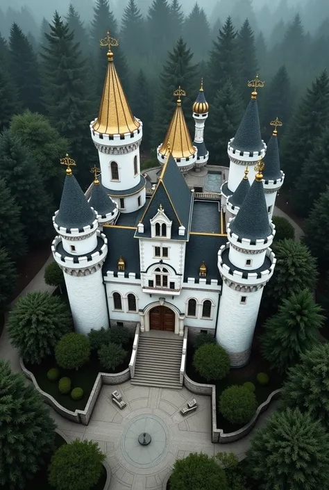 Think of a castle 
Colored white and subtle small details are black on the roofs that remain golden
Next to the castle there is a greenhouse and in front of it there is a round concrete area The castle is covered with stone walls and the edges are dark dar...