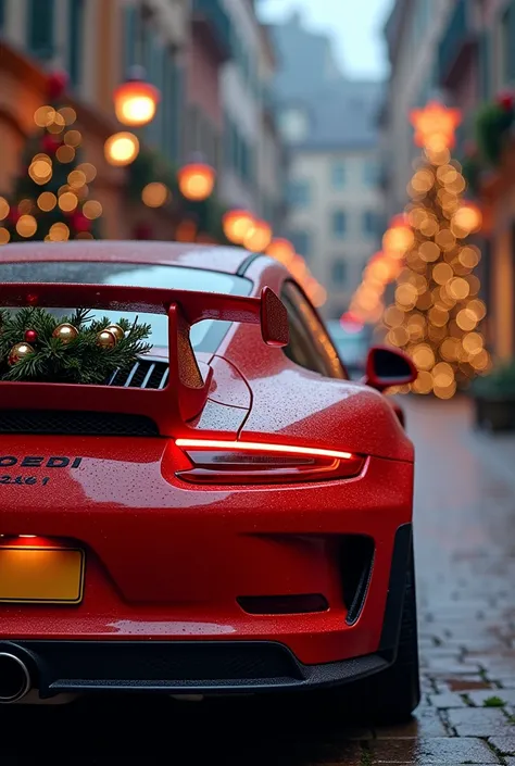 créer une image realiste  d’ une Porsche GT 3 RS rouge vif . Elle a un sapin de Noël décoré de boules et de guirlandes sur le hayon arrière. En arrière plan, un decor ennneigee de ville décorée avec des candelabres de noel 