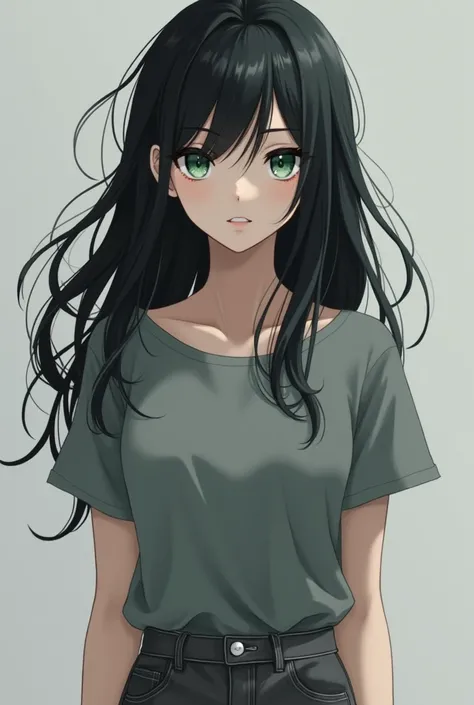  anime girl,  with black long hair, oval face , dark green eyes, grey topic, in grey jeans,