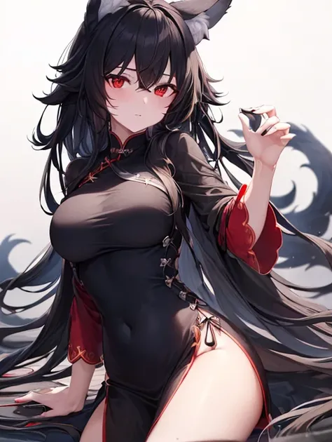 ((( top quality， high definition ，In 8K，  european girl ， top quality)))，(Black long hair:1.3)，( red eyes:1.2)，( wolf ear:1.4)，( Black China Dress:1.3)，Fluffy Milk，