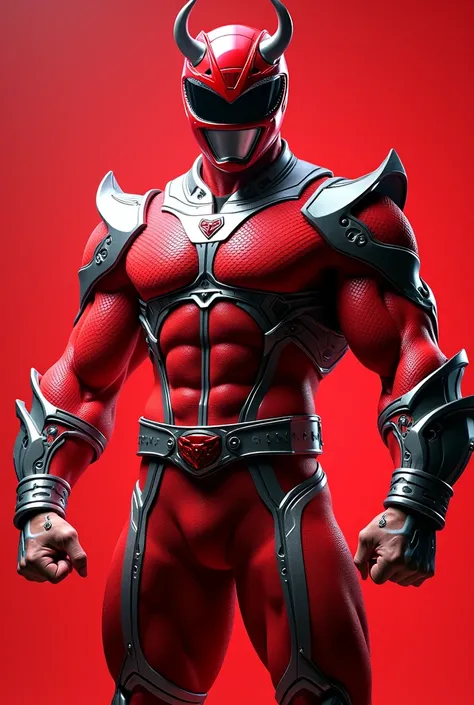 Full body photorealistic handsome hunky masculine red Power Ranger,,unreal engine, extremely attractive male wearing red and silver scales transparent mesh bodysuit, with embosed " bull" on the chest, with belt and gloves and helmet,,,extremely masculine p...