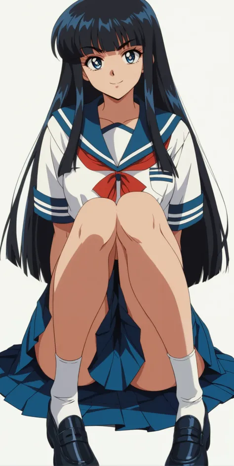 Young woman drawn in 80’s anime art style. 
Retro anime. Vintage Anime. Classical Anime. 
Black HAIR
Hime Cut Hair
(Round and Circle eyes)
(Blue eyes)
(Medium Sized Eyebrows)
(Light Tan Woman)
(Medium Breast)
Seductive Smile

She is wearing a sailor fuku (...