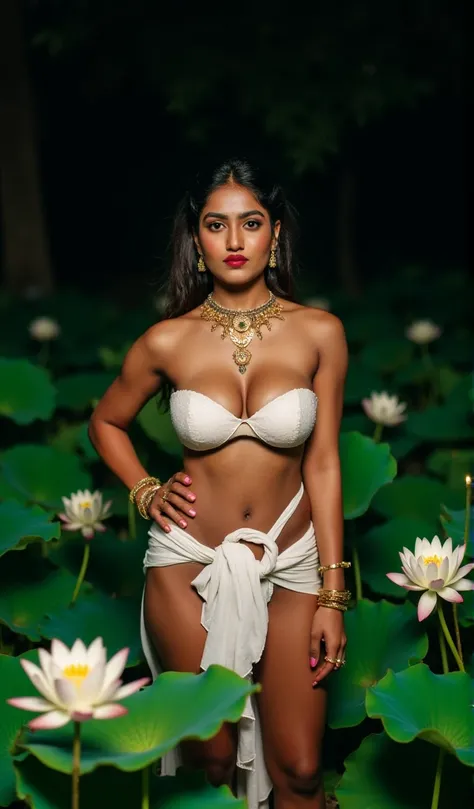 Night photo of an Indian woman dressed as a Yakshini, with a detailed round face, perfect black eyes, looking at the viewer, detailed red lips, perfect body, large breasts, deep cleavage, flat stomach, round navel, curved hips, waist, one hand on the waist...