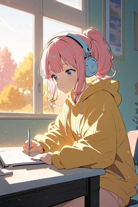 Cozy anime-style illustration, a teenage girl with soft pink hair tied in a ponytail, wearing oversized headphones and a yellow hoodie, sitting at a desk with an open notebook and laptop, gazing thoughtfully out of a large sunlit window, warm golden aftern...