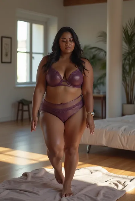 In a modern loft, a indian plus size woman plus size boobs in purple lingerie flows through yoga poses."
