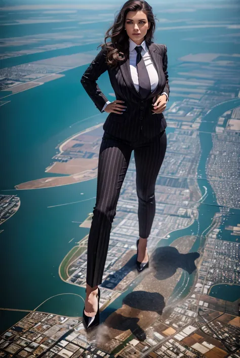 Giantess art, 100 miles tall giga giantess, sophisticated and stylish woman in a light black italian pinstriped trouser suit, form fitting crisp white office shirt, and a large wide red necktie in a windsor knot, with a beautiful, curvaceous figure, large ...