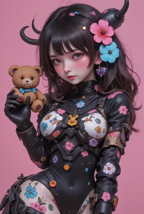 cute girly robot,flower pattern on body, heavy weapons,kawaii mood,Joints and gaps glowing, black, holding teddybear, newest anime style, 32k Ultra Sharp in focus