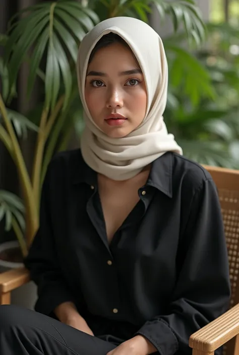 (photorealism:1.2), Malay woman, sitting on a chair, wearing loose black shirt, loose black pant, wearing a white cream hijap, outdoor, soft lighting, plants in background, sexy bra, using sport shoes, relaxed pose, realistic, intricate details, warm color...