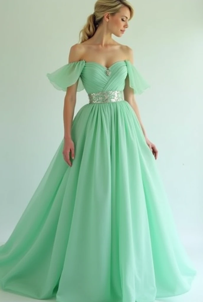  Mint green princess neckline dress , with tulip sleeves ,  tight from the waist up and loose from the waist down 