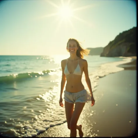 Seascape, A woman walking happily along the coastline, smiling, blurry photography, pinhole analog photo quality, dream-like, blurry focus, blurry, exposure time: 1/160, sunlight shining through the blades, lens flare, light blur, soft focus, everything is...