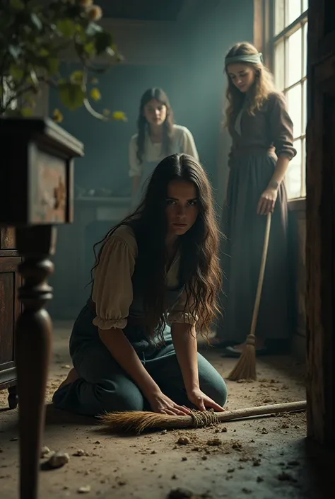  A young woman with long dark hair ,  dressed in simple and dirty clothes ,  is working in a rustic and dusty house . She is crouched ,  cleaning the floor with a broom ,  while in the background you can see two more elegant and dismissive stepsisters. The...