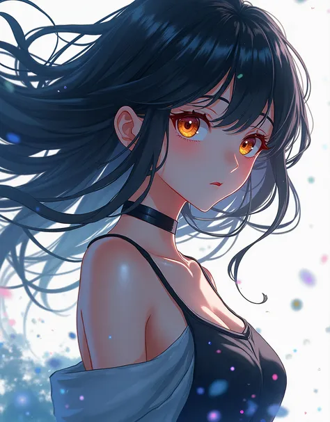 (best quality, masterpiece), 1girl, anime,pose, particle, wind, flower, upper body, simple background, looking at viewer, black wildly hair, cosmic, nebulas, galaxy