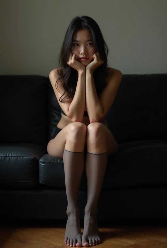 Create an image of an naked asian girl ,she is sitting in a black couch in her home with her legs spreaded to the camera,fully showing the pussy with black kneesocks for art study