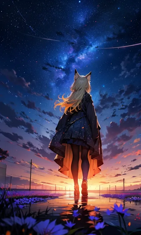 １people々々々,Woman with medium length blonde hair，Fox Ears，Long coat，Tall， Dress Silhouette， Rear View，Space Sky, Flower Field，Countless meteor showers，Colorful flowers，Dancing petals，