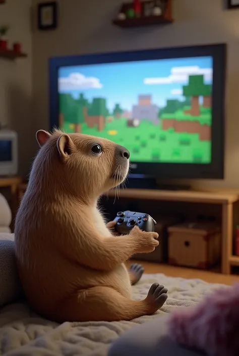 A capybara who is playing Minecraft on a TV