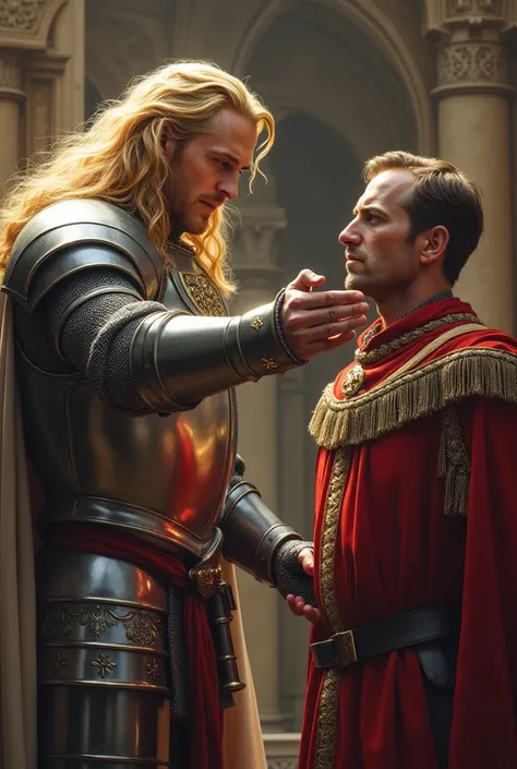 A knight with blond hair who offers a giant hand to a duke 