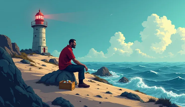 **Visual Text Prompt:**  
A desolate island surrounded by a vast, stormy ocean. The lone lighthouse stands as the only structure, its light slicing through the gloom. Mang Carding, a gaunt, weathered man, sits on a rock outside, staring at the empty horizo...