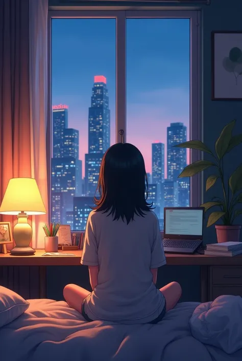 Generate a scene featuring an anime-style girl sitting on a bed in a modern city apartment at dusk. The room should have a cozy and relaxed atmosphere with a lamp illuminating a desk cluttered with books and stationery. The girl has shoulder-length dark ha...