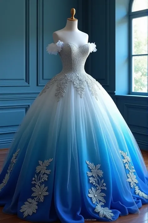 A stunning, elegant ball gown with a luxurious gradient color scheme transitioning from pure white at the top to deep royal blue at the bottom. The gown features intricate floral lace patterns cascading from the bodice down to the wide, voluminous skirt. T...